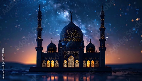 Illuminated Mosque Silhouette Under a Starry Night Sky with Galaxy Backdrop