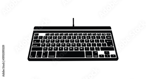 A black computer keyboard with keys numpad and a cable silhouette