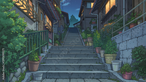 Discover the Serene Charm of a Cozy Evening Staircase Surrounded by Lush Greenery in a Picturesque Urban Landscape