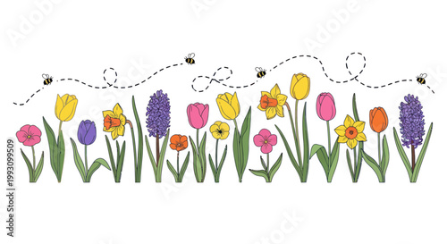 Colorful hand-drawn spring flower border with flying bumble bees on white.