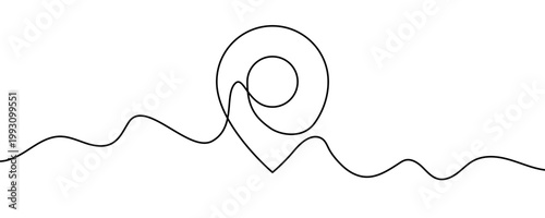 Illustration of a location icon on a wavy line background, made in one continuous line. Minimalistic drawing of a place pointer or geoposition in the style of one line art. Vector illustration.