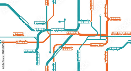Abstract bus map with orange and teal routes and bus icons.