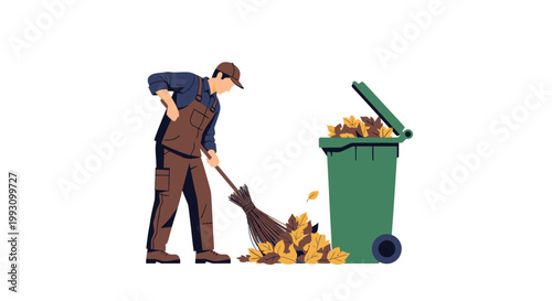 Man in overalls sweeping autumn leaves into a green garbage bin