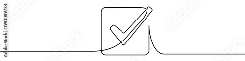 Illustration of a check mark in a square, made in one continuous line. Minimalistic drawing of a confirmation or success symbol in the style of one line art. Vector illustration.