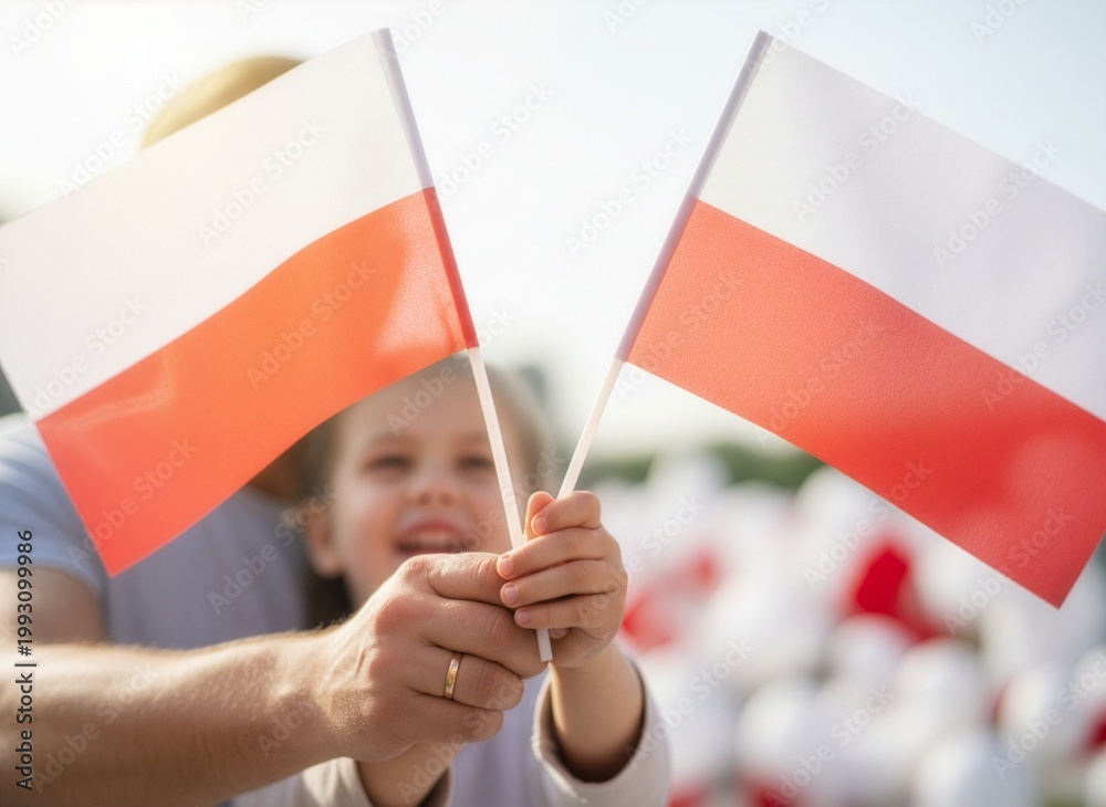 Fototapeta premium Rodzic i dziecko trzymające wspólnie flagę Polski. Tło rozmyte (bokeh), biało-czerwone barwy dominują. Zdjęcie symbolizujące patriotyzm i święto narodowe, czyste i jasne.