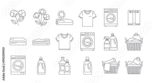 Laundry service and washing machine line icons for garment care.