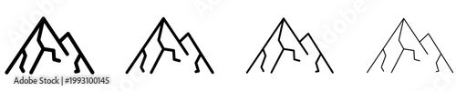 Set of linear mountain icons in various stroke weights. Minimalist symbols for tourism, rock climbing, and outdoor activities. Vector illustration.