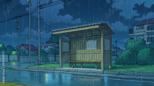 Exploring Nighttime Urban Landscapes: A Serene Bus Stop in the Rain Captured Amidst a City of Lights and Nature