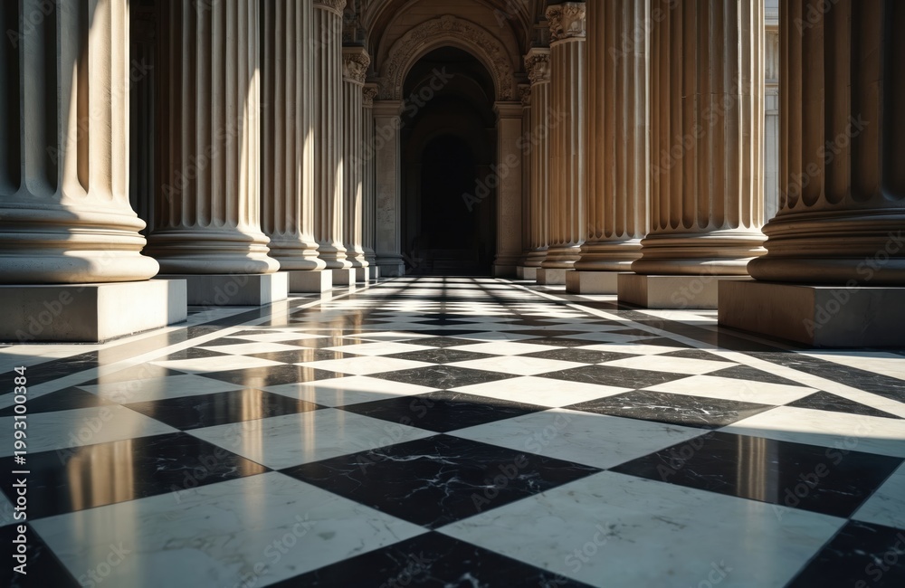 Fototapeta premium Grand hall with marble columns and checkered floor. Sunlight creates long shadows. Architectural interior path leads to dark archway. Classic elegant symmetry provides visual depth.