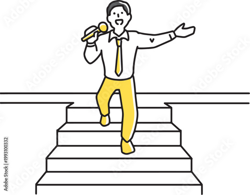 マイクを持って階段から降りてくる男性社員