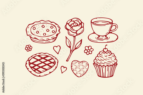 Dessert collection with flowers and a rose tea cup hand drawn confectionery celebration appetizing delicious refreshment ornamental decoration illustration chocolate