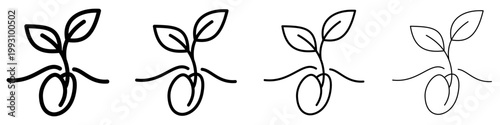 Set of linear sprout icons growing from a seed with different line weights. Symbols of growth, nature, or new beginnings. Vector illustration.