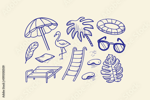 Summer vacation beach and pool icon set with lounge chair inflatable ring palm leaf hand drawn white background line art vacation flamingo umbrella sunglasses relaxation isolated