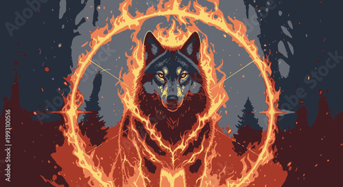 Mystical Wolf Spirit with Fiery Aura and Enchanted Forest Background
