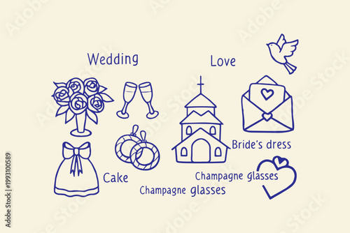 Wedding elements hand-drawn icons with bride dress champagne glasses white background line art elements envelope marriage celebration decoration illustration minimalist isolated