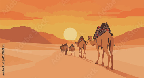 Camels in Desert at Sunset with Landscape