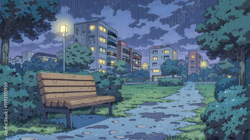 Serene Urban Landscape: A Rainy Evening in the Park with Illuminated Pathways and Comforting Greenery