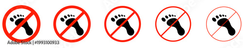 Set of icons with a crossed-out footprint silhouette in a red circle. Graphic elements with different line weights, indicating no walking or access restrictions. Vector illustration.