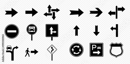 Collection of various black and white road and traffic signs.