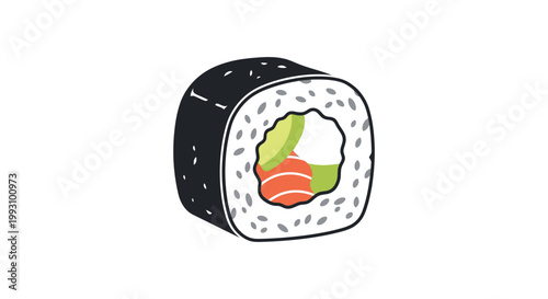 A colorful illustration of a single sushi roll with salmon avocado and rice silhouette