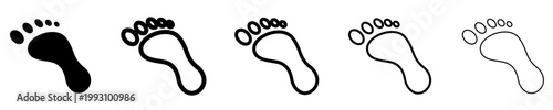 Set of icons with a footprint silhouette. Graphic elements with different line weights, symbolizing a human track or movement. Vector illustration.