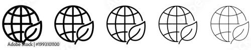 Set of planet Earth icons with a leaf. Graphic elements with different line weights, symbolizing the ecology of the planet. Vector illustration.