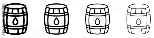 Set of wooden barrel icons with a drop inside. Graphic elements with different line weights, symbolizing a container for drinks or oil. Vector illustration.