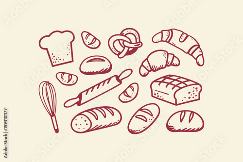 Bakery items: chef hat rolling pin dough whisk breads croissants pretzels with baked goods hand drawn food and drink bakery products artisan bread whole wheat rye bread french bread