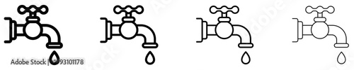 Set of water tap icons with a drop. Graphic elements with different line weights, symbolizing plumbing, water saving, or resources. Vector illustration.