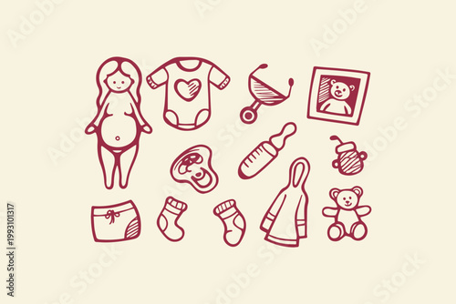 Expecting mother and baby essentials: pregnant woman baby clothes bottles socks toy with hand drawn baby bottle baby blanket pregnancy parenting illustration collection expecting