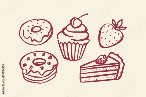 Assorted sweet desserts: doughnuts cupcake with cherry strawberry cake slice hand drawn food and drink dessert time sweet tooth french toast doughnut strawberry illustration