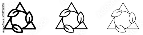 Set of triangle icons with leaves forming a circle inside. Graphic elements with different line weights, symbolizing recycling, ecology, and sustainable development. Vector illustration.