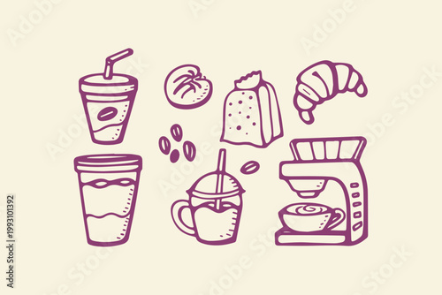 Drawn coffee shop beverages and snacks with croissant and coffee machine hand drawn coffee beans iced coffee hot coffee cups coffee break food and drink beverages croissant
