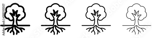 Set of tree icons with roots. Graphic elements with different line weights, symbolizing nature, growth, ecology, and a strong foundation. Vector illustration.