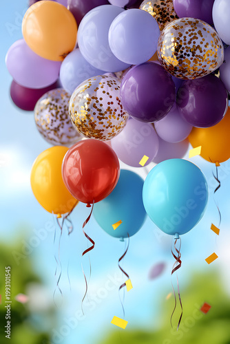 Colorful balloons fill the sky at a festive celebration with a purple and violet background