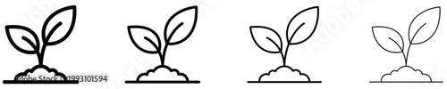Set of icons of a young sprout growing from the ground. Graphic elements with different line weights, symbolizing the beginning of life, growth, ecology, and nature. Vector illustration.