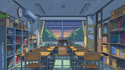 Inviting Classroom Atmosphere: A Serene Study Environment Highlighting a Cozy Space with Books, Desks, and a Lovely Sunset View Perfect for Learning and Creativity