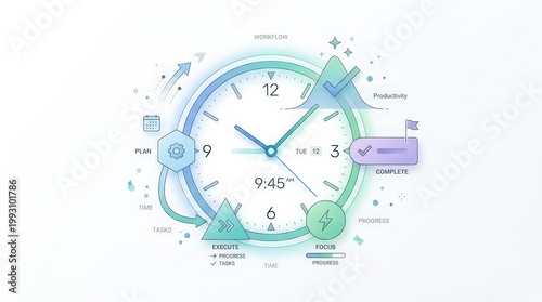 Illustration of habitual time management. Depiction of rhythmic task execution around clock motif