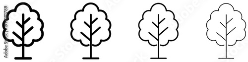 Set of deciduous tree icons. Graphic elements with different line weights, symbolizing nature, forest, ecology, and growth. Vector illustration.