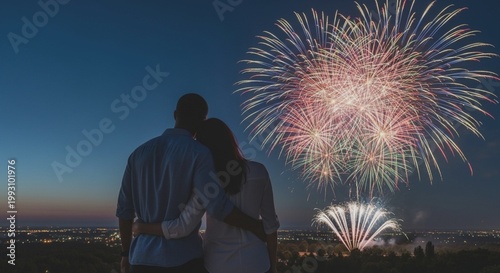 Couple Embracing Watching Spectacular Fireworks Display Over Cityscape at Night