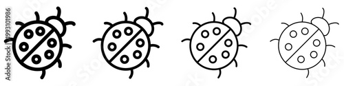 Set of ladybug icons. Graphic elements with different line weights, depicting a spotted insect, a symbol of luck and nature. Vector illustration.