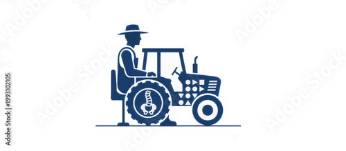 Minimalist tractor silhouette with human spine graphic. Flat design vector illustration for agricultural ergonomics and farm equipment safety concepts