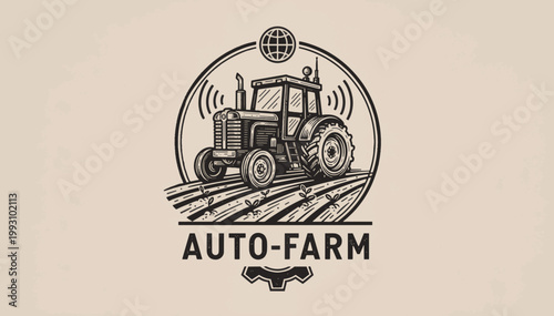 Autonomous tractor in field vintage badge. Smart farming and agriculture technology concept. Line art vector illustration