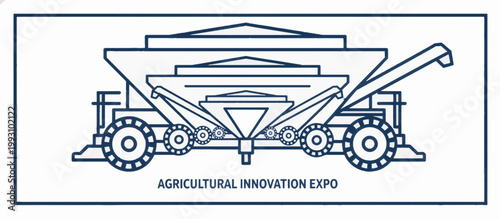 Agricultural machinery technical drawing blueprint. Modern farming equipment expo concept. Linear vector illustration
