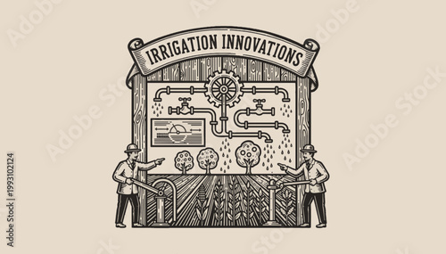 Vintage irrigation system diagram with farmers. Historical agricultural water management concept. Line art vector illustration