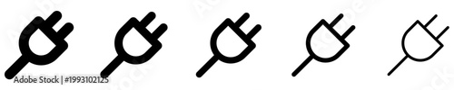 5000Set of electric plug icons. Graphic elements with different line weights, depicting a power plug, symbolizing electricity, power, and clean energy.
