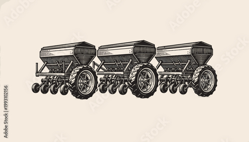 Agricultural seed drill machine. Heavy farming equipment for planting crops. Vintage line art vector illustration