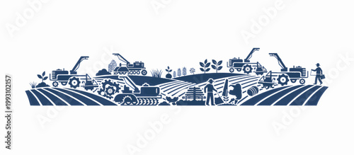 Agricultural machinery and farming landscape panorama. Tractors and harvesters working in fields. Flat design blue silhouette vector illustration