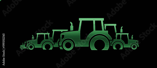 Green tractor fleet silhouette vector illustration. Agricultural machinery lineup with wood grain texture. Farm equipment flat design