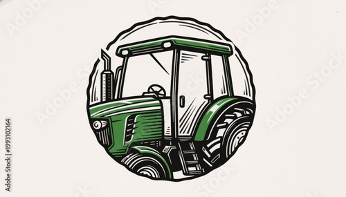 Vintage green tractor badge vector illustration. Retro hand-drawn agricultural equipment emblem. Farm machinery line art logo